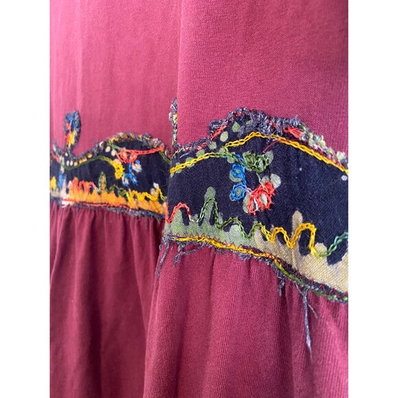 Handmade Burgundy T-Shirt Dress With Embroidered Detail Boho Style Best for M/L - Picture 3 of 5